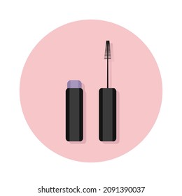 ilustración vectorial de mascara, icono de rímel plano con pincel en círculo rosa.Logo de productos cosméticos. Ilustración vectorial de lápiz labial para maquillaje. concepto de belleza