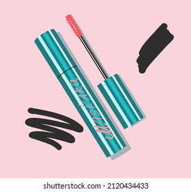 Vector Illustration Mascara On A Pink Background. Suitable For Beauty Salons, Women's Magazines, Fashion Posters, Makeup Studios