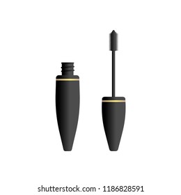 Vector illustration of mascara volume brush and bottle for make up eyes in black color with gold details