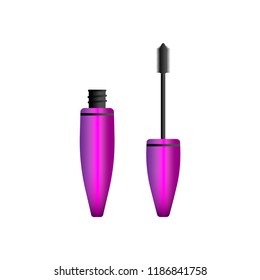 Vector illustration of mascara volume brush and bottle for make up eyes in pink color with black details