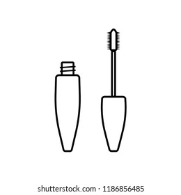 Vector illustration of mascara volume brush and bottle for make up eyes in white color with black line details