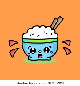 Vector illustration of mascot bowl and flat styled rice