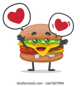 vector illustration of mascot or burger character says with love symbols