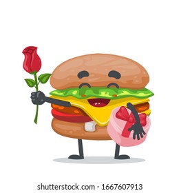 vector illustration of mascot or burger character bring red flower and holding gift box