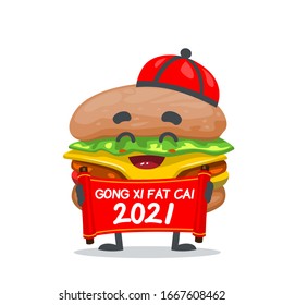 vector illustration of mascot or burger character say happy chinese new year