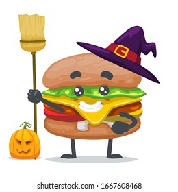 vector illustration of mascot or burger character wearing witch costume