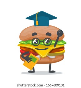 vector illustration of mascot or burger character wearing graduation hat