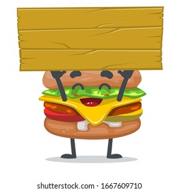 vector illustration of mascot or burger character holding blank wooden board