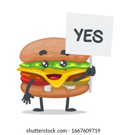 vector illustration of mascot or burger character holding sign says yes