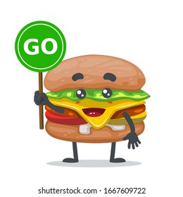 vector illustration of mascot or burger character holding sign says go