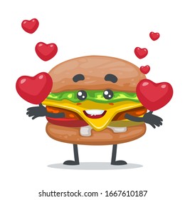 vector illustration of mascot or burger character bring heart symbols