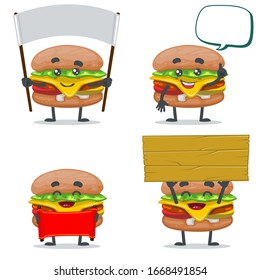 vector illustration of mascot or burger character collection set with blank sign theme