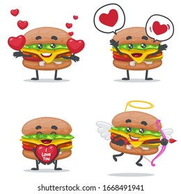 ilustración vectorial de conjunto de colección de caracteres de mascota o de hamburguesa con tema de amor