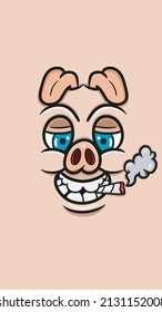 Vector Illustration Mascot cartoon character of  Funny Pig Face and Smoking . Clip Art Vector. Suitable for Wallpaper Smartphone, background, Flag, t-shirt and Other product.