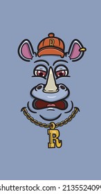 Vector Illustration Mascot cartoon character of Rhino Rapper Face With Rapper Hat. Vector Poster Wallpaper Background. Suitable for Wallpaper Smartphone, Flag, t-shirt and Other product.