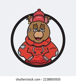 Vector Illustration Mascot cartoon character of Bear Cartoon Circle Logo With Hoodie Shirts. Brand Hoodie Theme. Suitable for Brand, Label, Logo, Sticker, t-shirt Design and other Product.