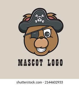 Vector Illustration Mascot cartoon character of Bear Pirate Head Logo Cartoon.  Pirate Theme. Suitable for Brand, Label, Logo, Sticker, t-shirt Design and other Product.