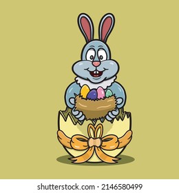 Vector Illustration Mascot cartoon character of Rabbit Bring Eggs Cartoon  Logo, On Egg. Happy Easter Theme. Suitable for Brand, Label, Logo, Sticker, t-shirt Design and other Product.