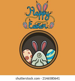 Vector Illustration Mascot cartoon character of Three Eggs Cartoon  Logo And Happy Easter Font. Happy Easter Theme. Suitable for Sticker, t-shirt, Greeting Card, invitation,  and  other Product.
