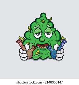 Mascota de la caricatura de Marihuana con humo de vidrio de Bong. Vector de imágenes prediseñadas e iluminación