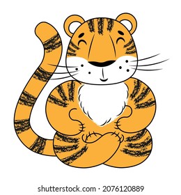 vector illustration, mascot, cartoon funny tiger sitting in the lotus position and smiling happily with his eyes closed, the symbol of the eastern horoscope