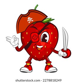 vector illustration of the mascot character of a one eyed strawberry pirate with a pirate hat and carrying a dagger