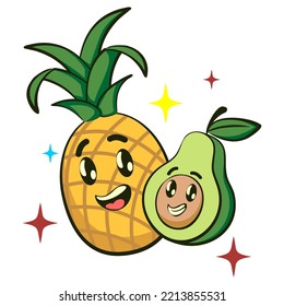 vector illustration of the mascot character of pineapple and avocado laughing happily