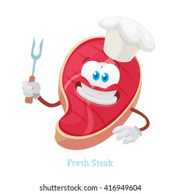 Vector illustration mascot character steak happily holding a barbecue fork