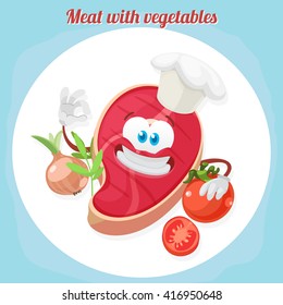 Vector illustration mascot character steak on a plate decorated with tomato, onions and herbs