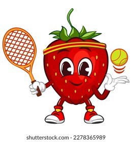 vector illustration of the mascot character of a strawberry playing tennis