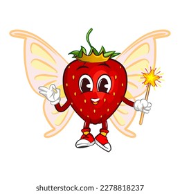 vector illustration of the mascot character of a strawberry fairy with butterfly wings and carrying a magic wand