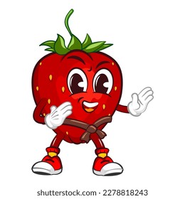 vector illustration of the mascot character of a strawberry practicing karate