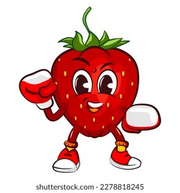 vector illustration of the mascot character of a strawberry boxing with boxing gloves