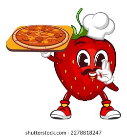vector illustration of the mascot character of a strawberry serving delicious pizza