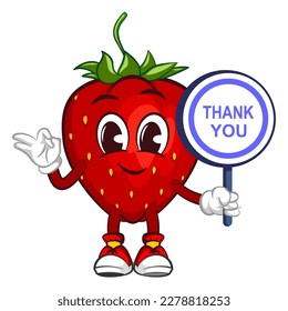 vector illustration of the mascot character of a strawberry holding a sign saying thank you