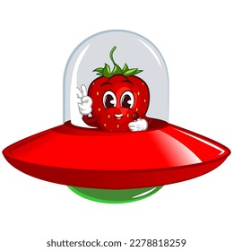 vector illustration of the mascot character of a strawberry riding a ufo plane