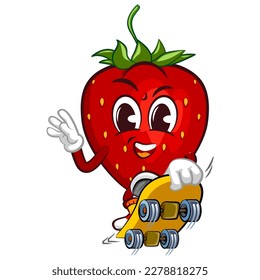 vector illustration of the mascot character of a strawberry jumping with a skateboard