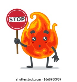 vector illustration of mascot or fire character holding sign says stop
