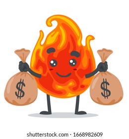vector illustration of mascot or fire character holding sacks of money