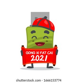 vector illustration of mascot or flashdisk character carries scroll says happy chinese new year
