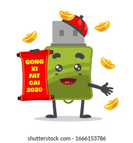 vector illustration of mascot or flashdisk character wearing chinese costume and says happy chinese new year