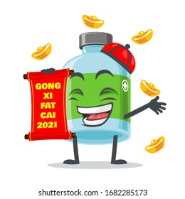 vector illustration of mascot or medicine bottle character holding red scroll and says happy chinese new year 2021