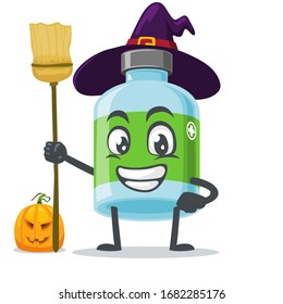 vector illustration of mascot or medicine bottle character wearing witch costume and holding broom