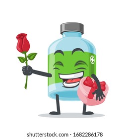 vector illustration of mascot or medicine bottle character give flower and holding pink gift