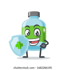 vector illustration of mascot or medicine bottle character holding shield for protection