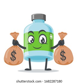 vector illustration of mascot or medicine bottle character holding sacks of money