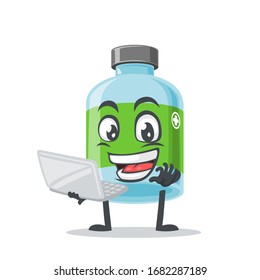vector illustration of mascot or medicine bottle character presentation with laptop