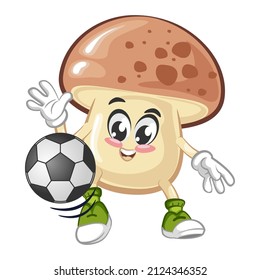 vector illustration of the mascot of mushroom practicing soccer