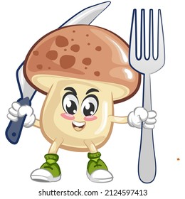 vector illustration of mascot of mushrooms with knife and fork for eating utensils