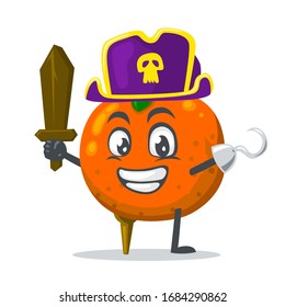 vector illustration of mascot or orange fruit character wearing pirates costume and holding wooden sword